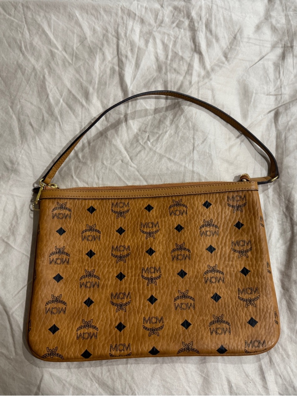 MCM Cognac Visetos Logo Pouch Wristlet